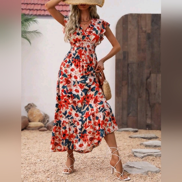 NEW Boho Floral Wrap Top Ruffle Trim Long Dress Red Cream Green Yellow - Picture 2 of 8